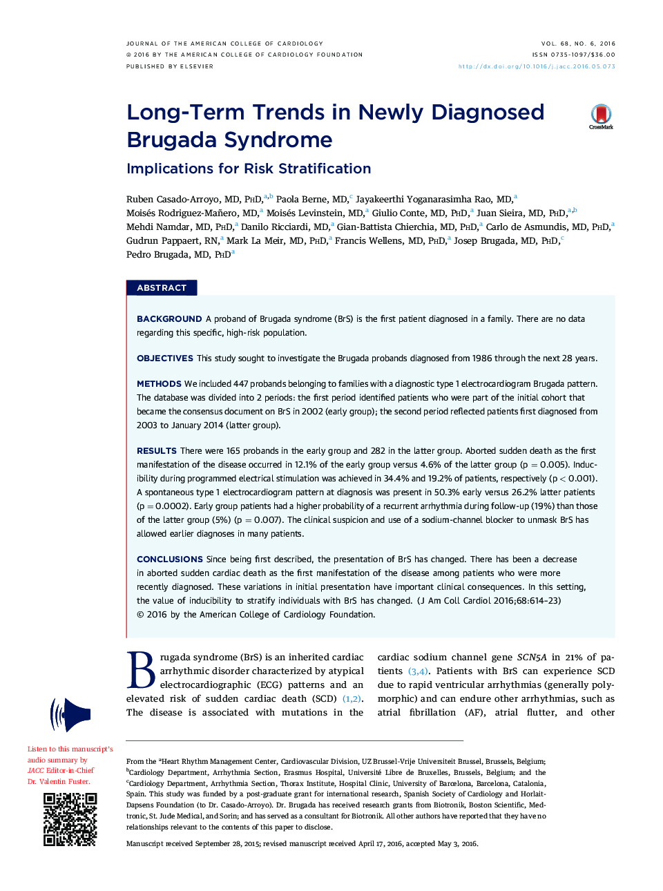 روند بلندمدت در سندرم بروگادا که اخیرا تشخیص داده شده است: پیامدهای تشدید خطر است 