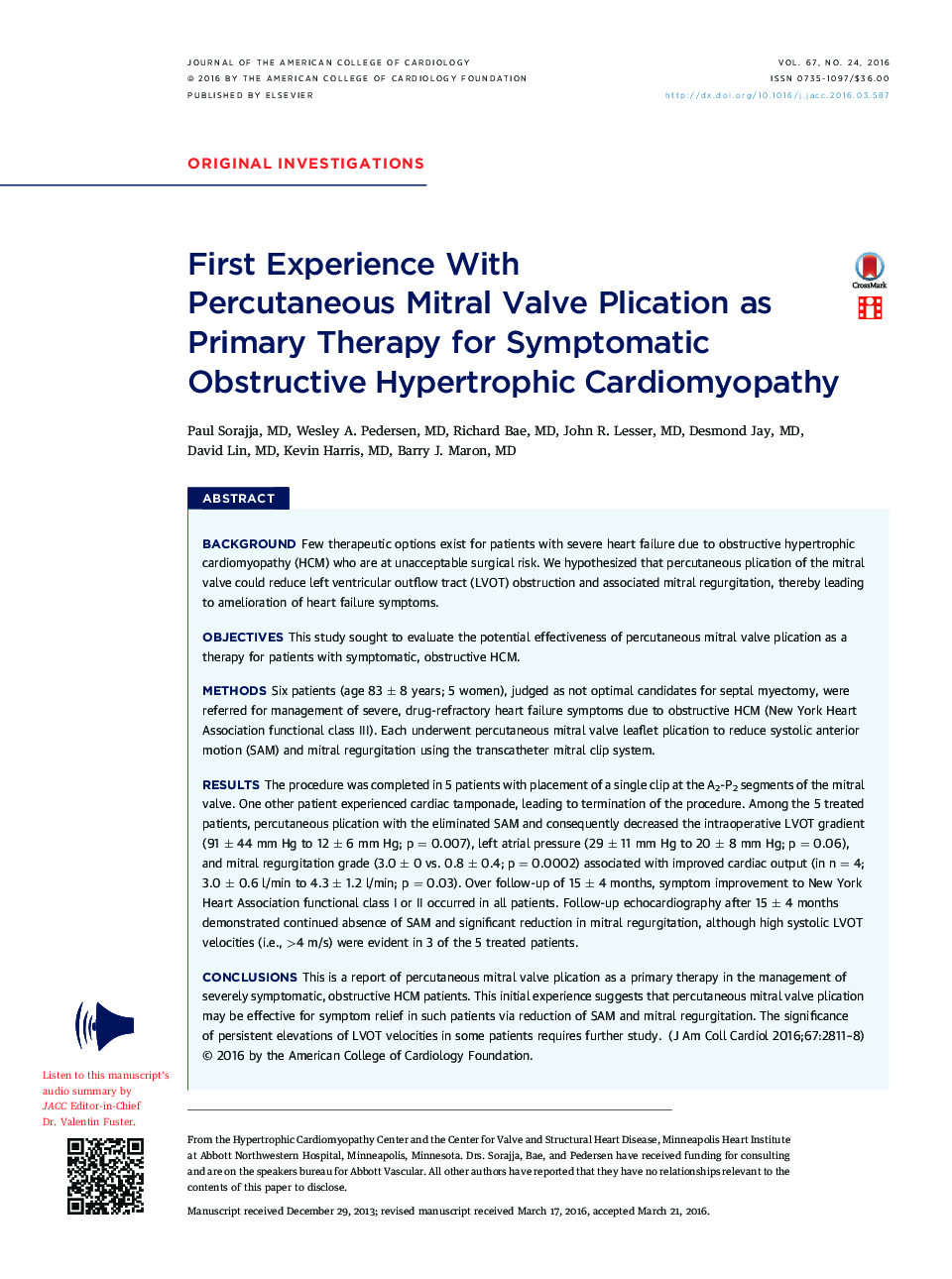 First Experience With Percutaneous Mitral Valve Plication as Primary Therapy for Symptomatic Obstructive Hypertrophic Cardiomyopathy 