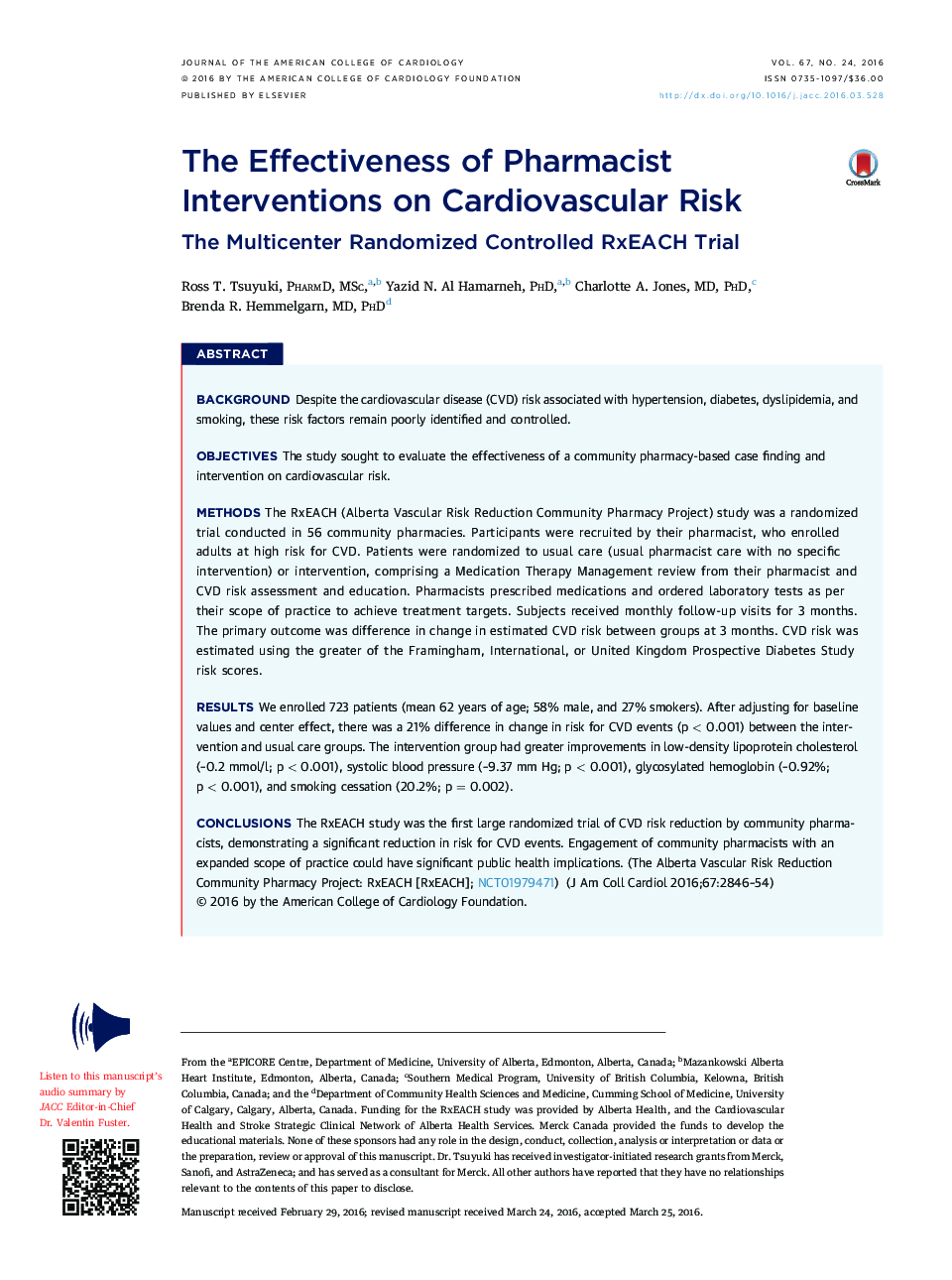 The Effectiveness of Pharmacist Interventions on Cardiovascular Risk : The Multicenter Randomized Controlled RxEACH Trial