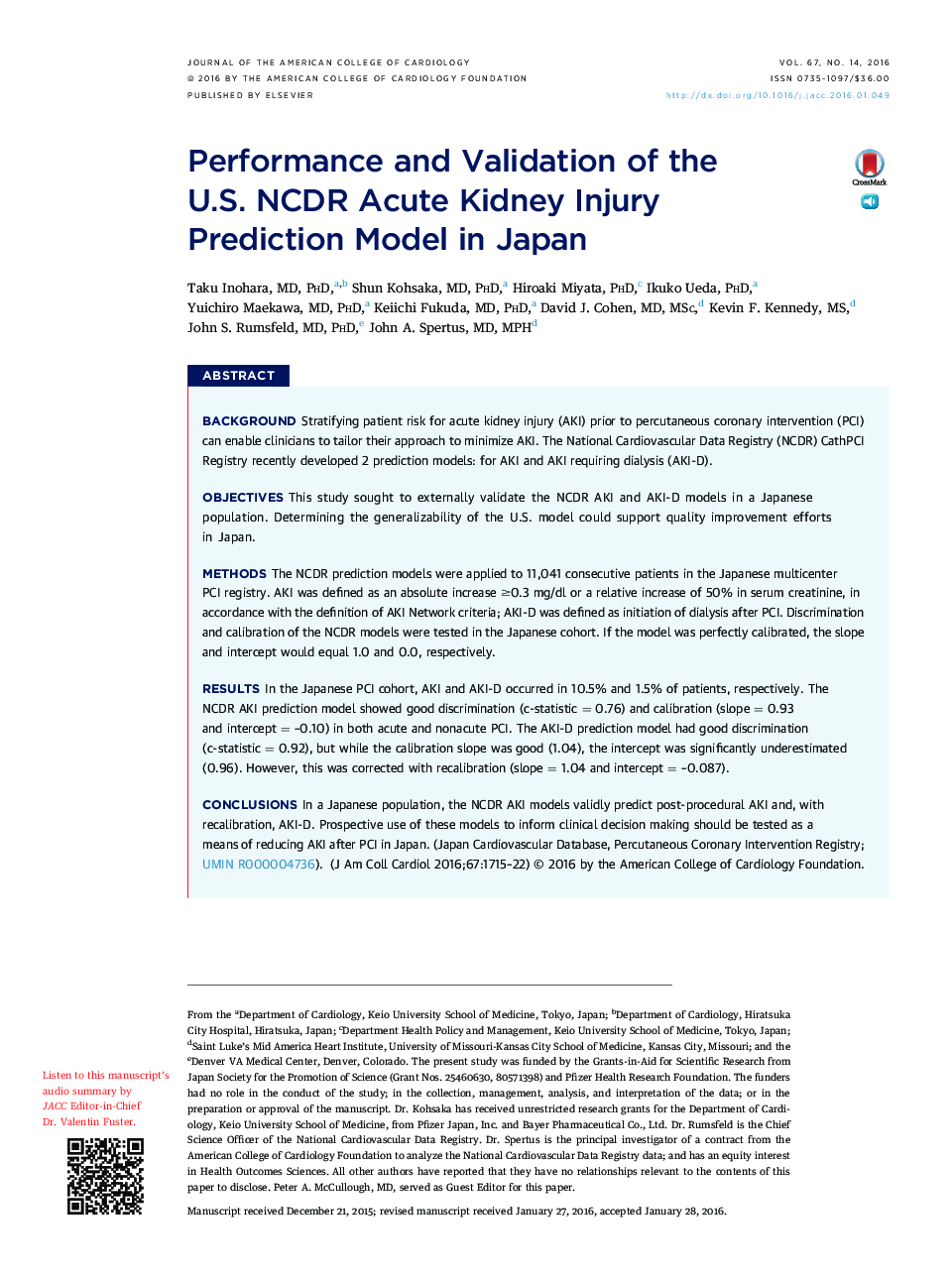 Performance and Validation of the U.S. NCDR Acute Kidney Injury Prediction Model in Japan 