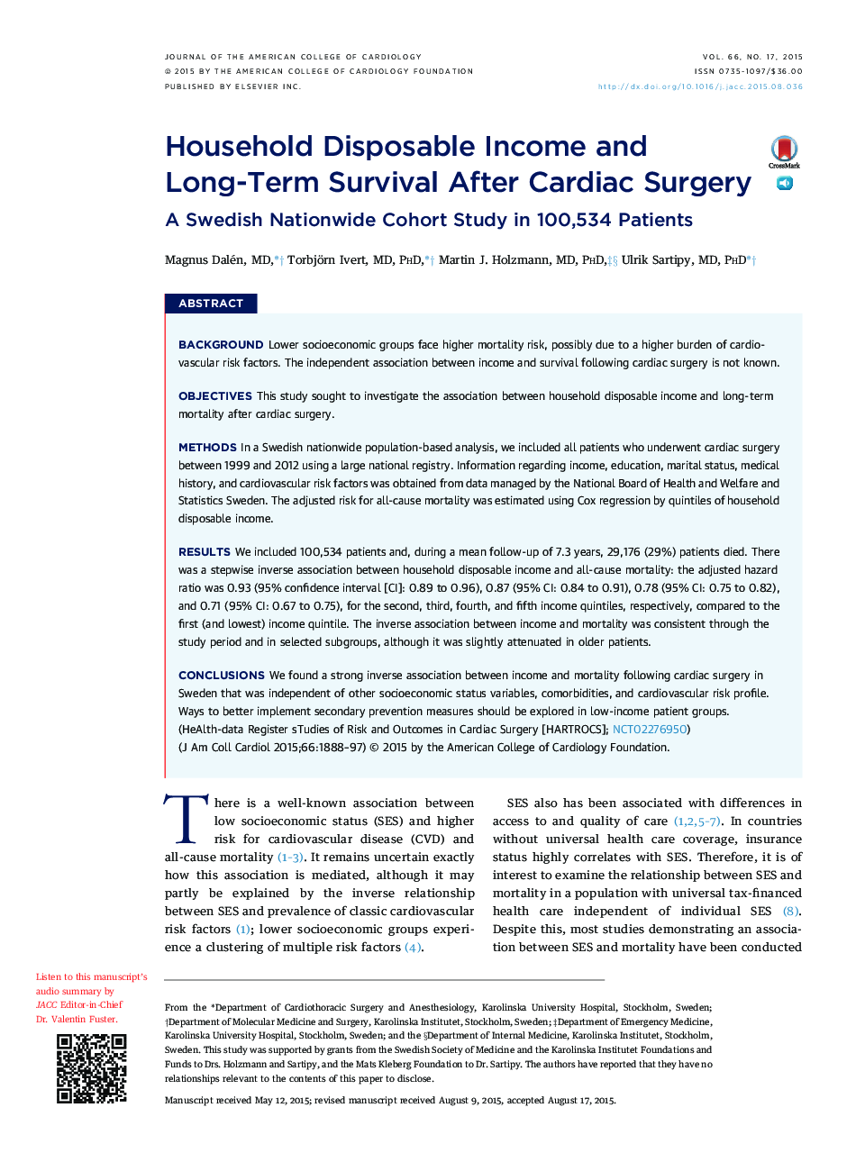 Household Disposable Income and Long-Term Survival After Cardiac Surgery : A Swedish Nationwide Cohort Study in 100,534 Patients