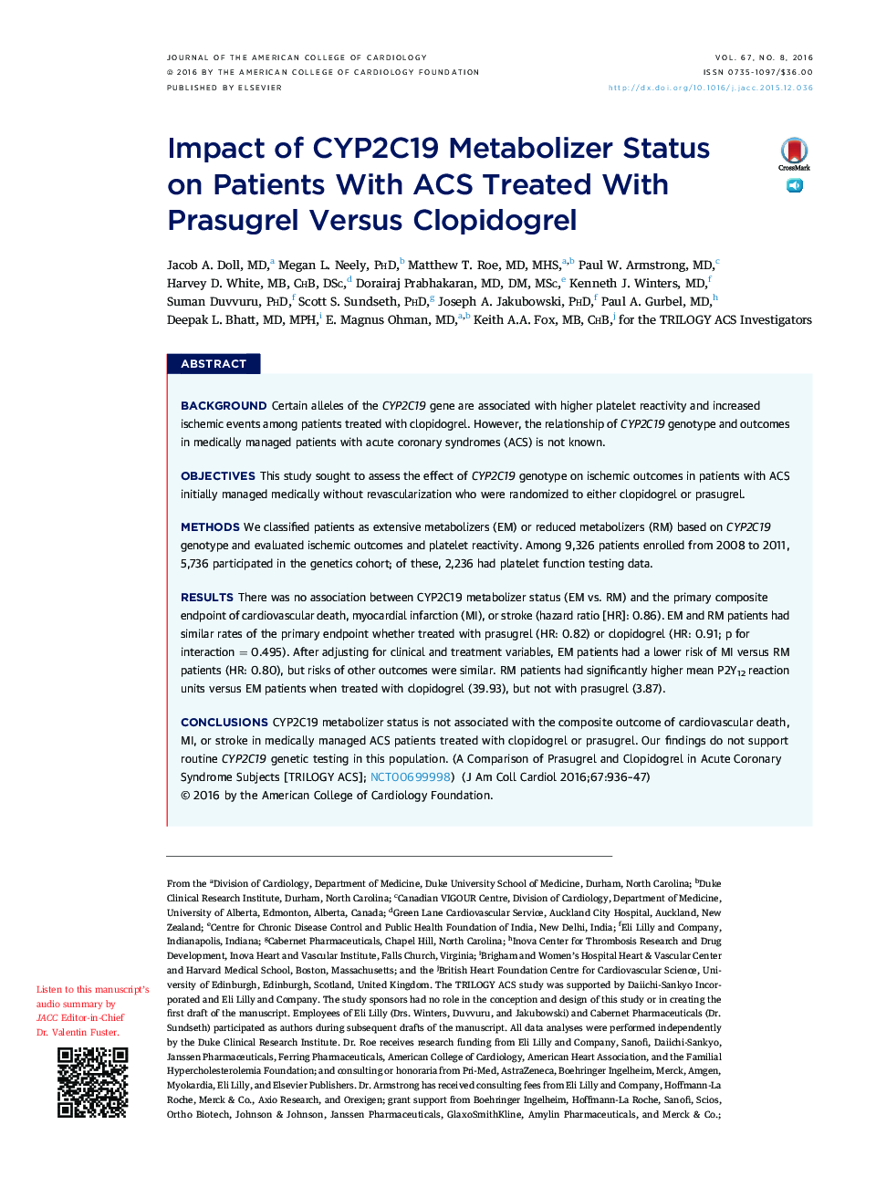 Impact of CYP2C19 Metabolizer Status on Patients With ACS Treated With Prasugrel Versus Clopidogrel 