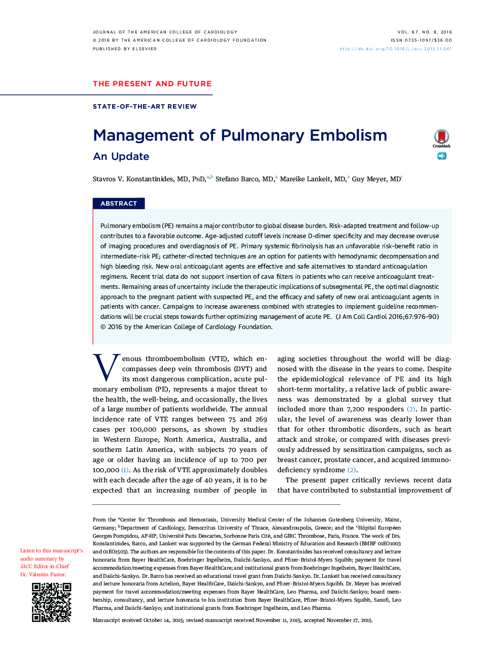 Management of Pulmonary Embolism : An Update