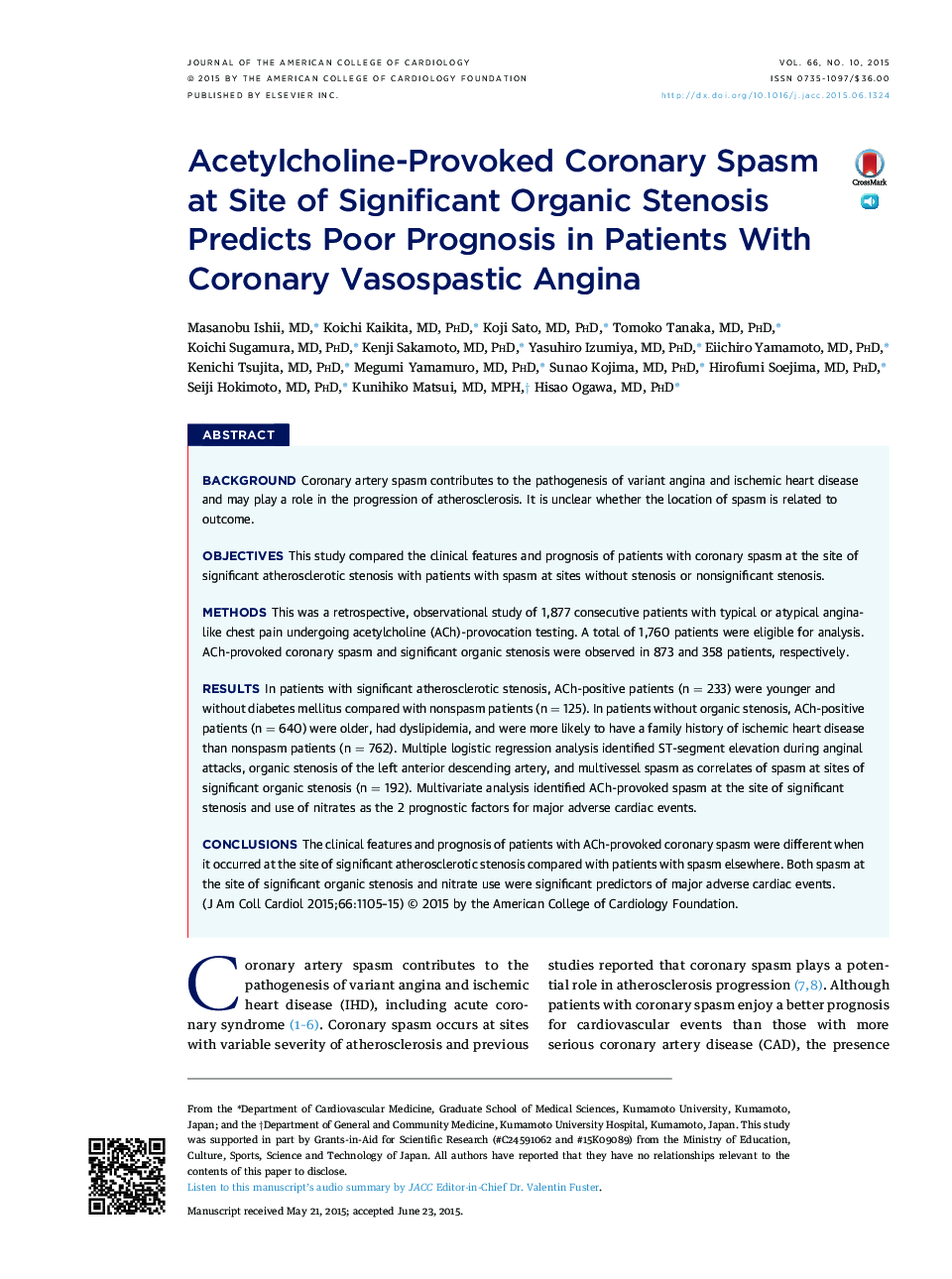 Acetylcholine-Provoked Coronary Spasm at Site of Significant Organic Stenosis Predicts Poor Prognosis in Patients With Coronary Vasospastic Angina 