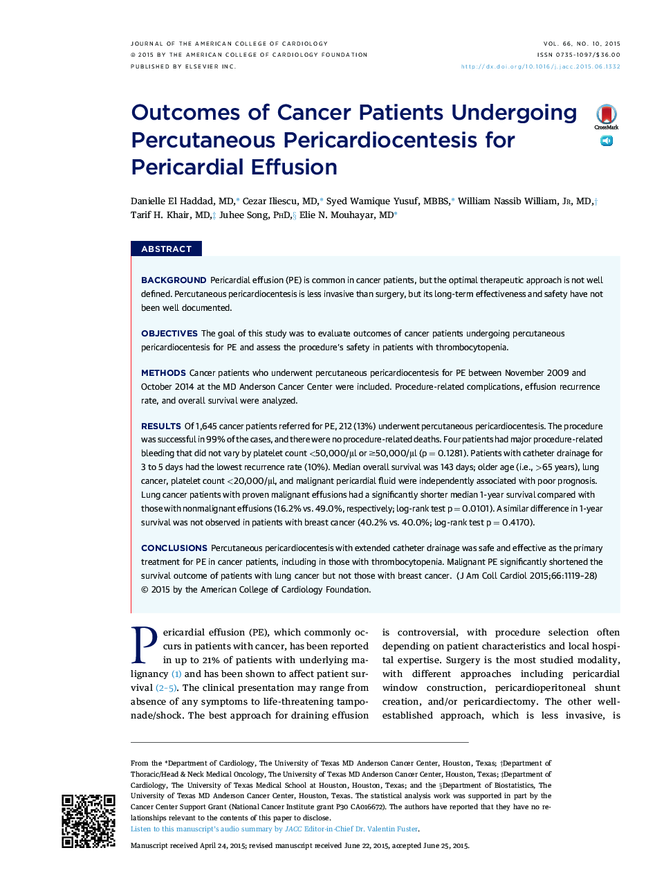 Outcomes of Cancer Patients Undergoing Percutaneous Pericardiocentesis for Pericardial Effusion 