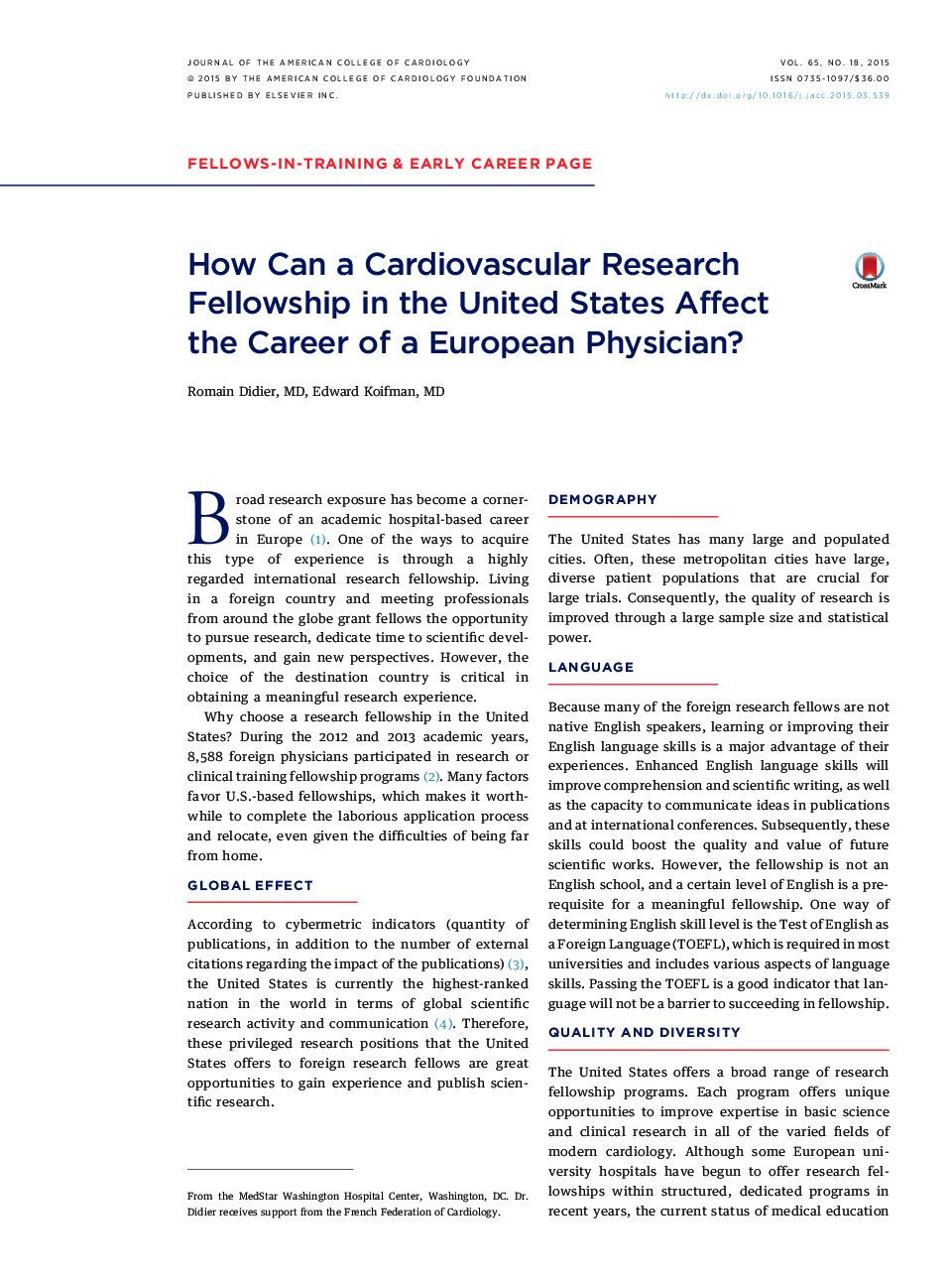 How Can a Cardiovascular Research Fellowship in the United States Affect theÂ Career of a European Physician?