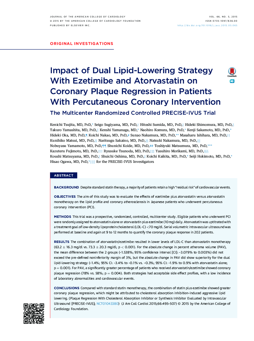 Impact of Dual Lipid-Lowering Strategy With Ezetimibe and Atorvastatin on Coronary Plaque Regression in Patients With Percutaneous Coronary Intervention : The Multicenter Randomized Controlled PRECISE-IVUS Trial