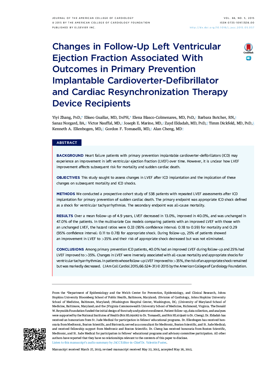 Changes in Follow-Up Left Ventricular Ejection Fraction Associated With Outcomes in Primary Prevention Implantable Cardioverter-Defibrillator and Cardiac Resynchronization Therapy Device Recipients 