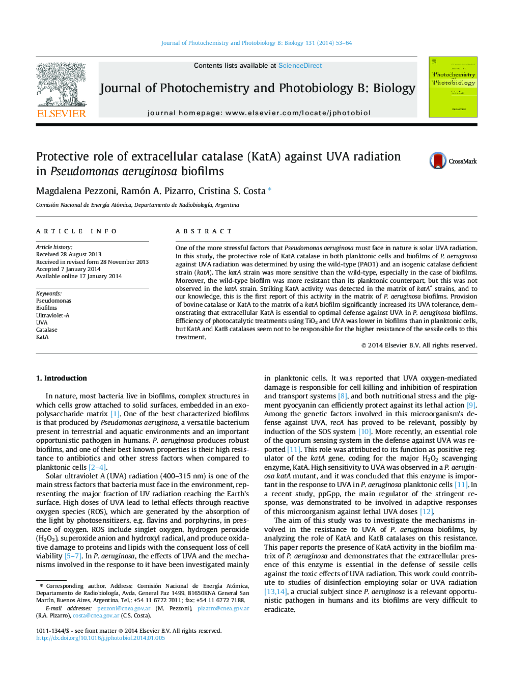 Protective role of extracellular catalase (KatA) against UVA radiation in Pseudomonas aeruginosa biofilms