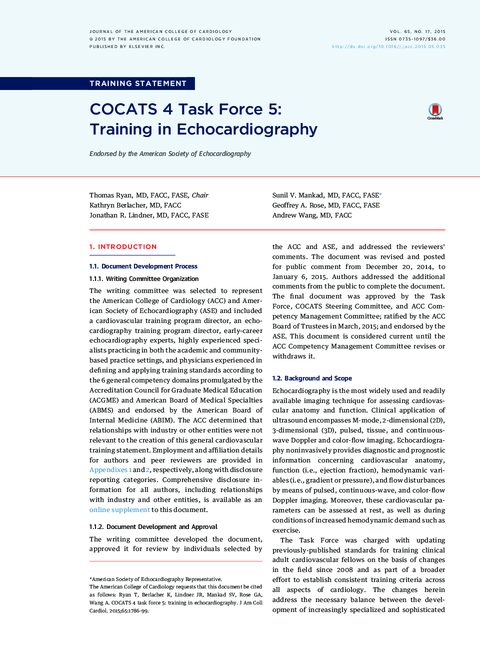 COCATS 4 Task Force 5: Training inÂ Echocardiography