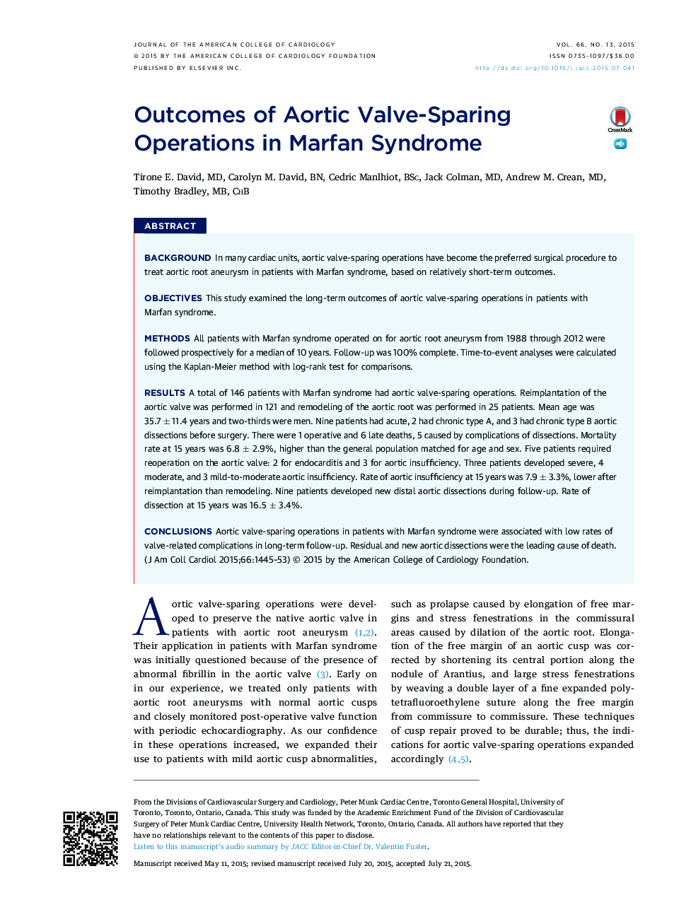 Outcomes of Aortic Valve-Sparing Operations in Marfan Syndrome 