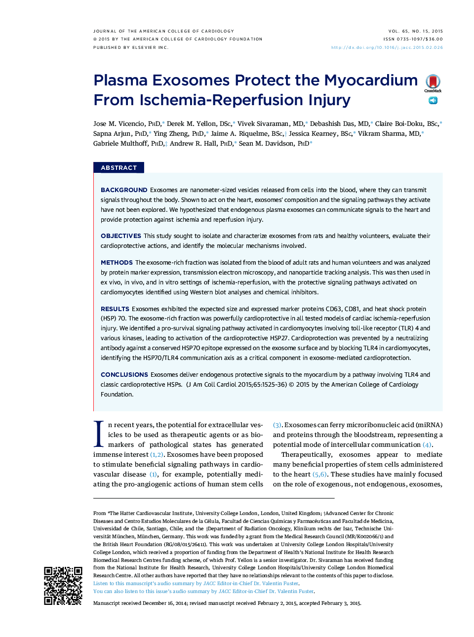 Plasma Exosomes Protect the Myocardium From Ischemia-Reperfusion Injury 