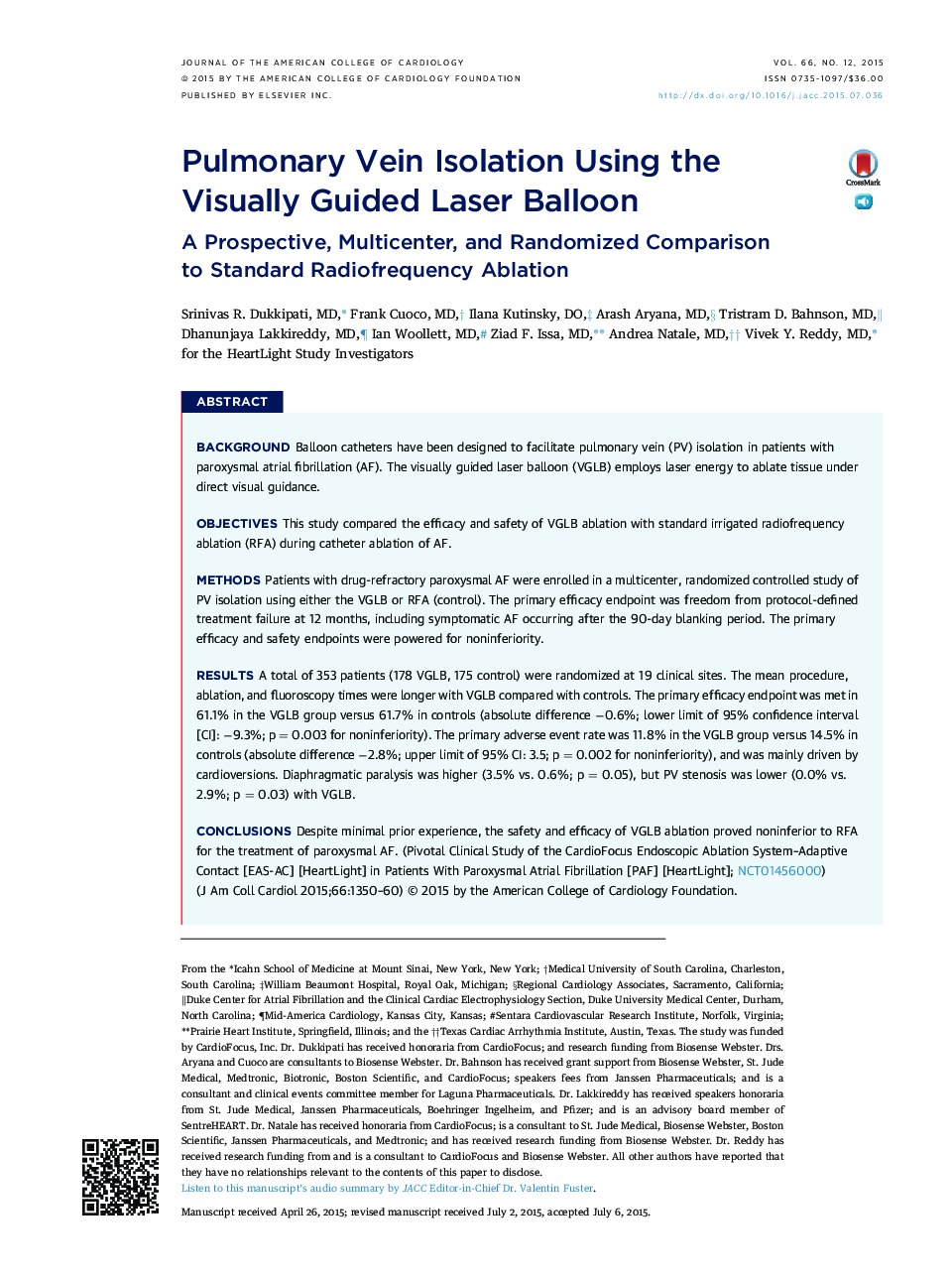 Pulmonary Vein Isolation Using the Visually Guided Laser Balloon : A Prospective, Multicenter, and Randomized Comparison to Standard Radiofrequency Ablation