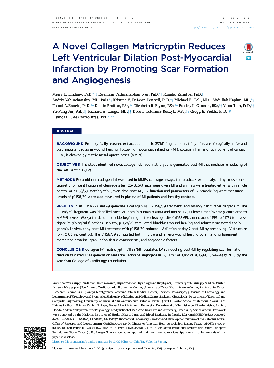 A Novel Collagen Matricryptin Reduces Left Ventricular Dilation Post-Myocardial Infarction by Promoting Scar Formation and Angiogenesis 