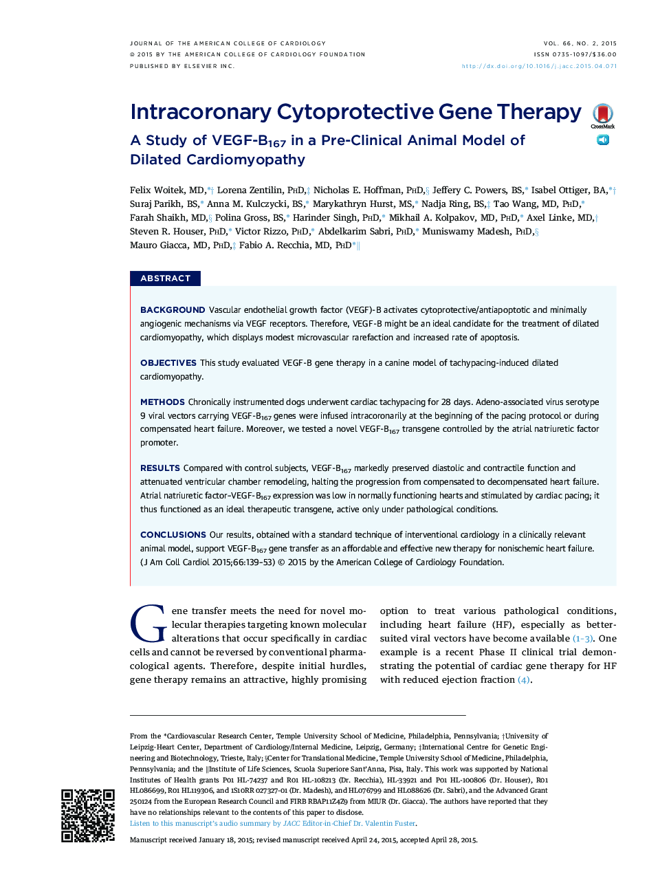 Intracoronary Cytoprotective Gene Therapy : A Study of VEGF-B167 in a Pre-Clinical Animal Model of Dilated Cardiomyopathy