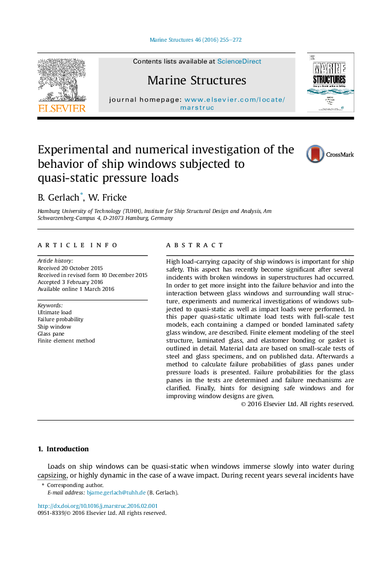 Experimental and numerical investigation of the behavior of ship windows subjected to quasi-static pressure loads