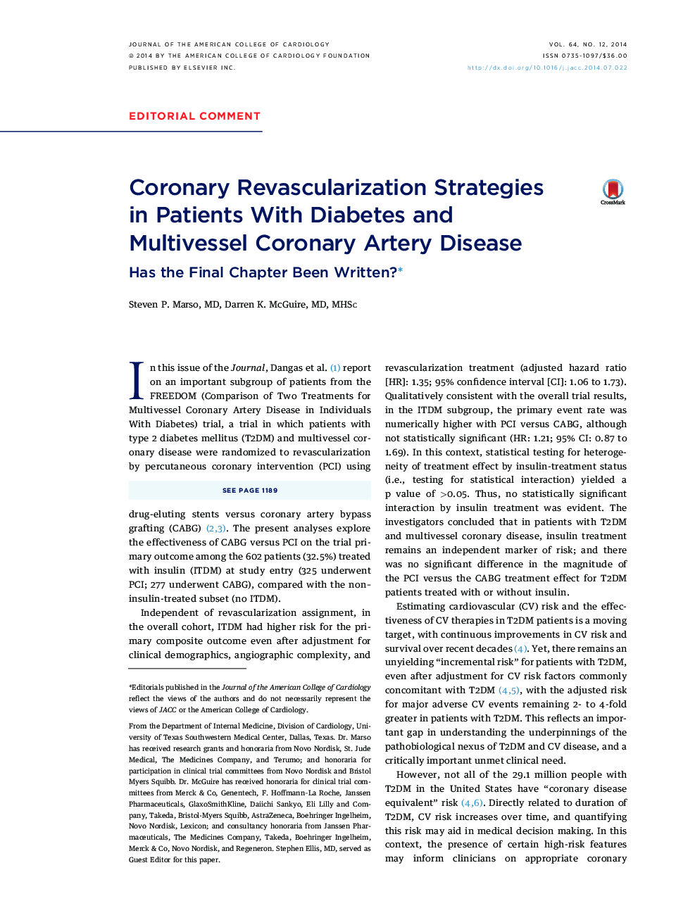 Coronary Revascularization Strategies in Patients With Diabetes and Multivessel Coronary Artery Disease