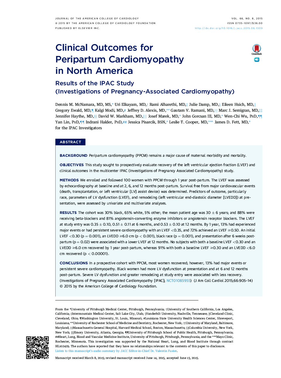 Clinical Outcomes for Peripartum Cardiomyopathy in North America : Results of the IPAC Study (Investigations of Pregnancy-Associated Cardiomyopathy)