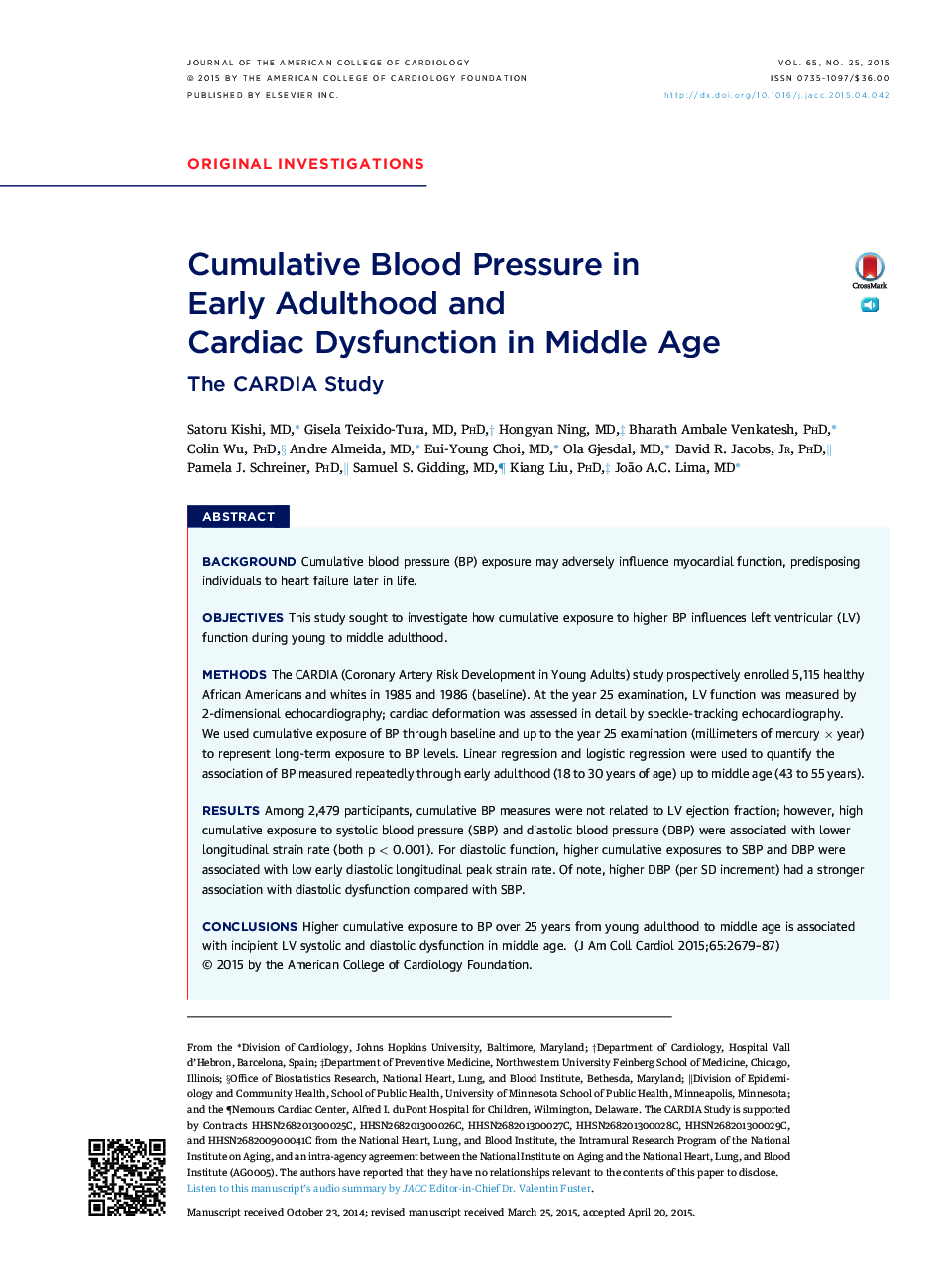 Cumulative Blood Pressure in Early Adulthood and Cardiac Dysfunction in Middle Age : The CARDIA Study