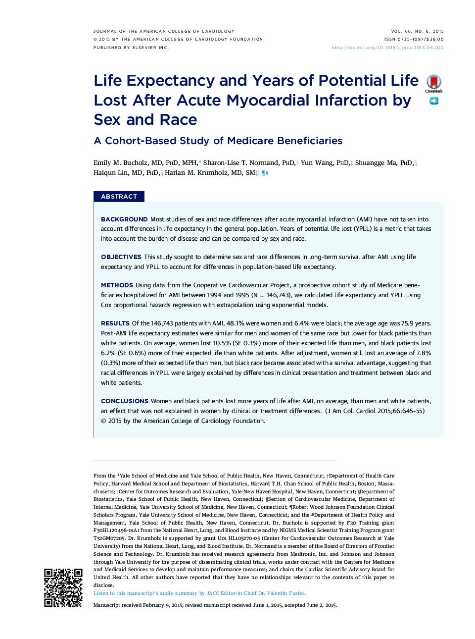 Life Expectancy and Years of Potential Life Lost After Acute Myocardial Infarction by Sex and Race : A Cohort-Based Study of Medicare Beneficiaries