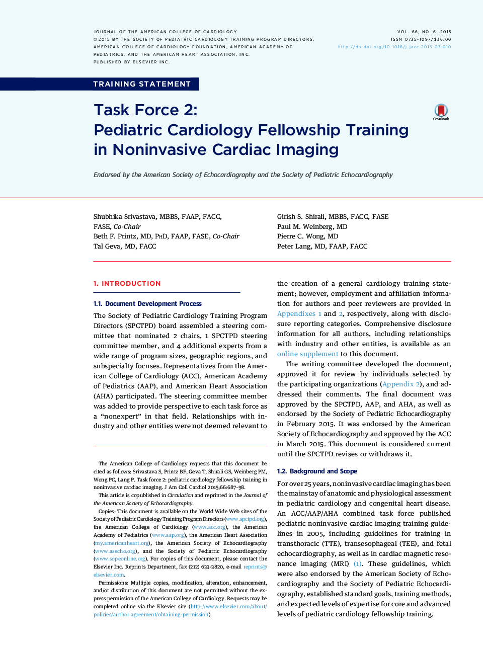 Task Force 2: Pediatric Cardiology Fellowship Training in Noninvasive Cardiac Imaging