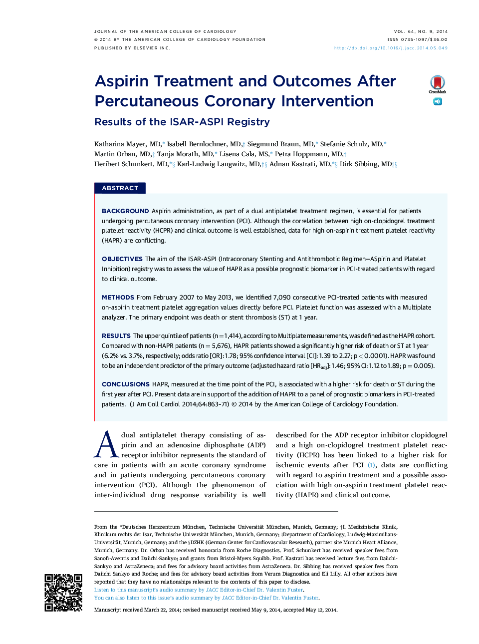 Aspirin Treatment and Outcomes After Percutaneous Coronary Intervention : Results of the ISAR-ASPI Registry