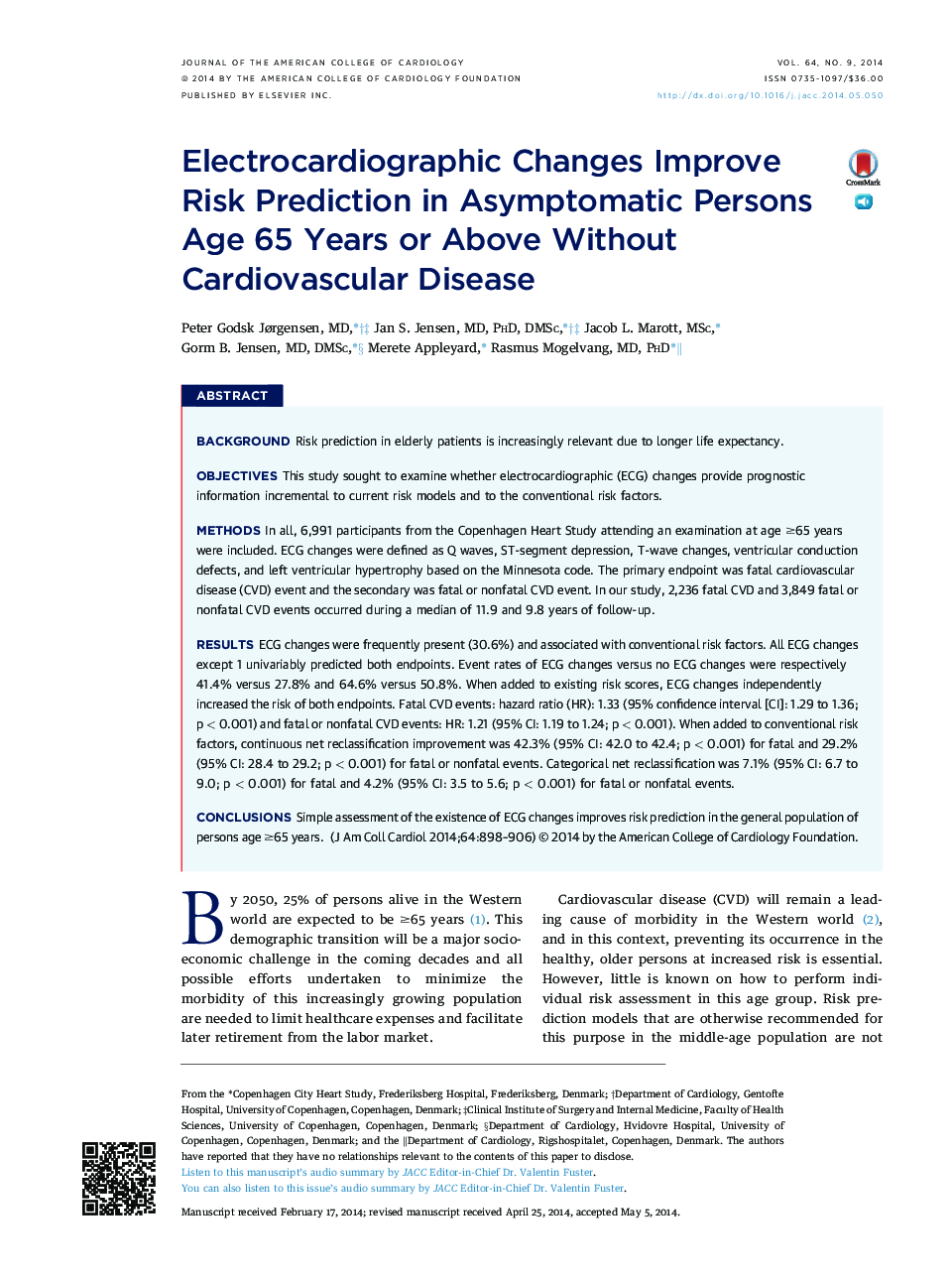 Electrocardiographic Changes Improve Risk Prediction in Asymptomatic Persons Age 65 Years or Above Without Cardiovascular Disease 