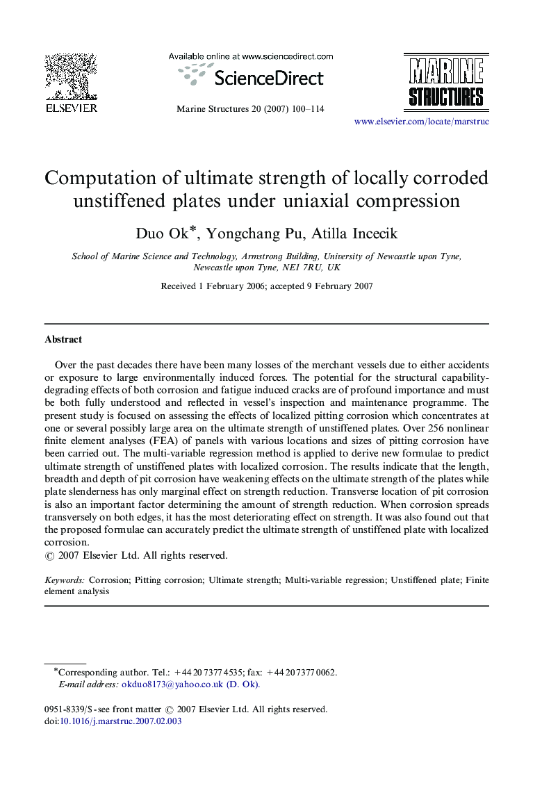 Computation of ultimate strength of locally corroded unstiffened plates under uniaxial compression