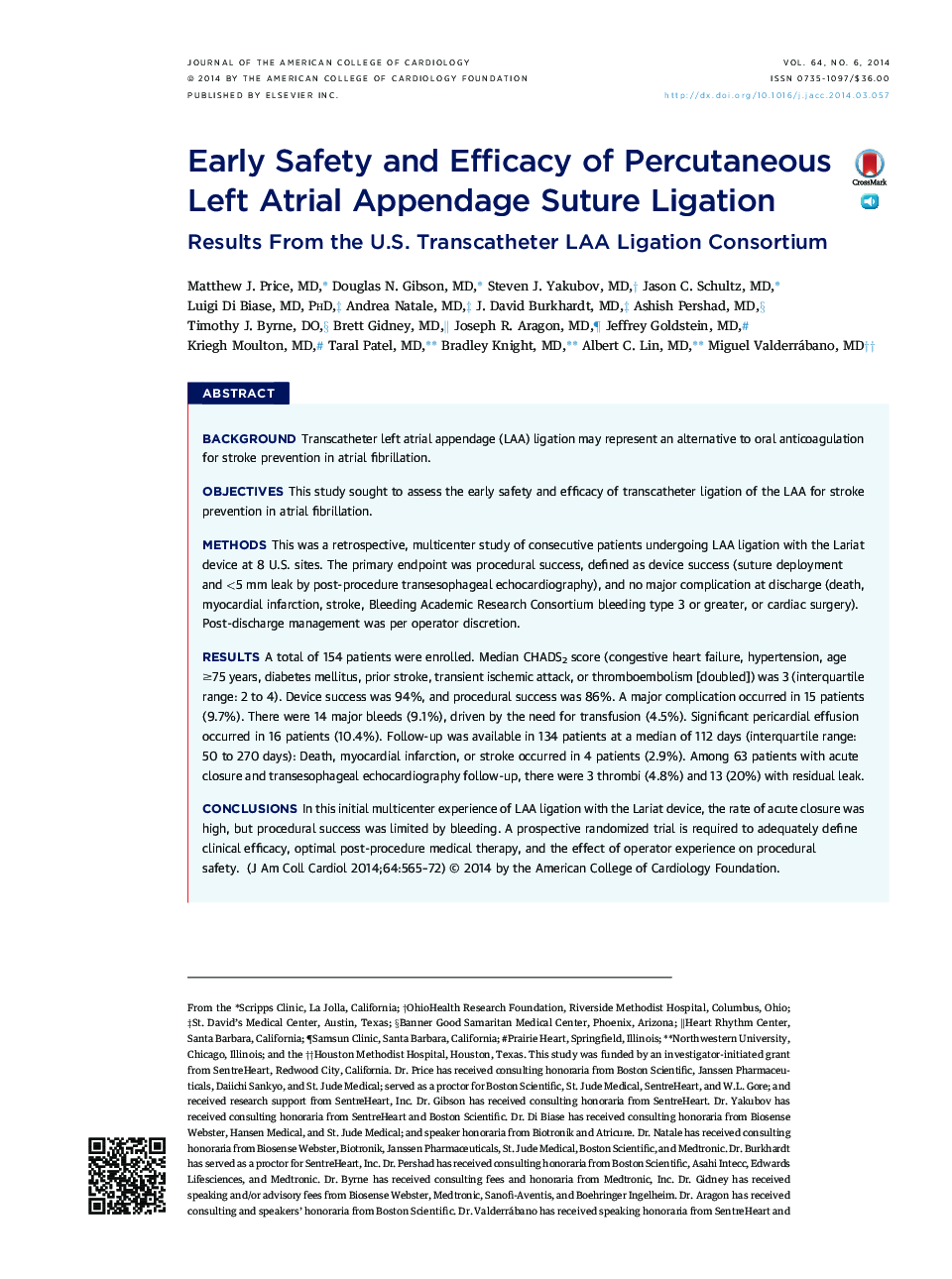 Early Safety and Efficacy of Percutaneous Left Atrial Appendage Suture Ligation : Results From the U.S. Transcatheter LAA Ligation Consortium