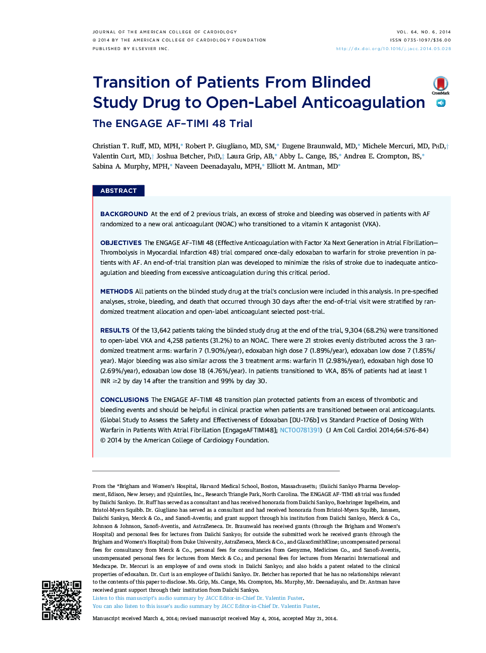 Transition of Patients From Blinded Study Drug to Open-Label Anticoagulation : The ENGAGE AF–TIMI 48 Trial