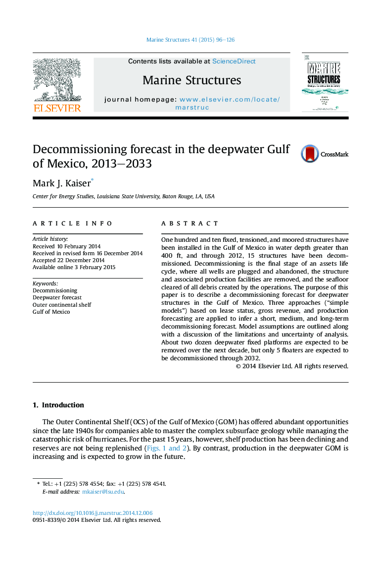 Decommissioning forecast in the deepwater Gulf of Mexico, 2013–2033