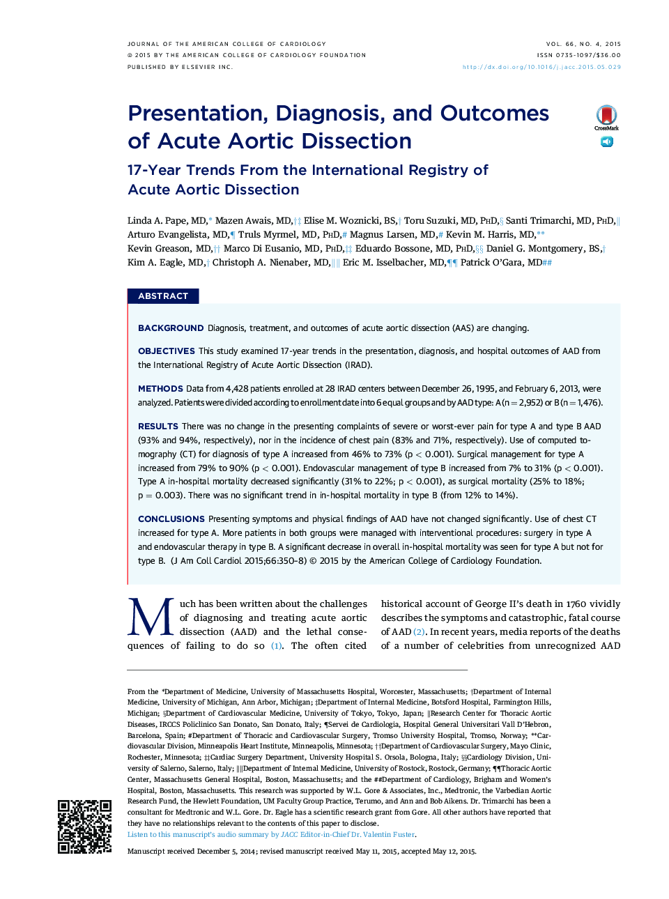 Presentation, Diagnosis, and Outcomes of Acute Aortic Dissection : 17-Year Trends From the International Registry of Acute Aortic Dissection