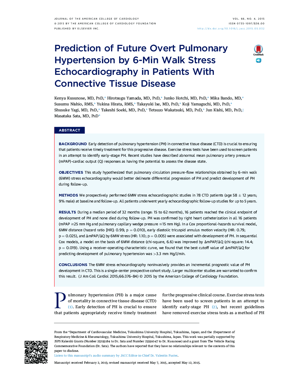 Prediction of Future Overt Pulmonary Hypertension by 6-Min Walk Stress Echocardiography in Patients With Connective Tissue Disease 