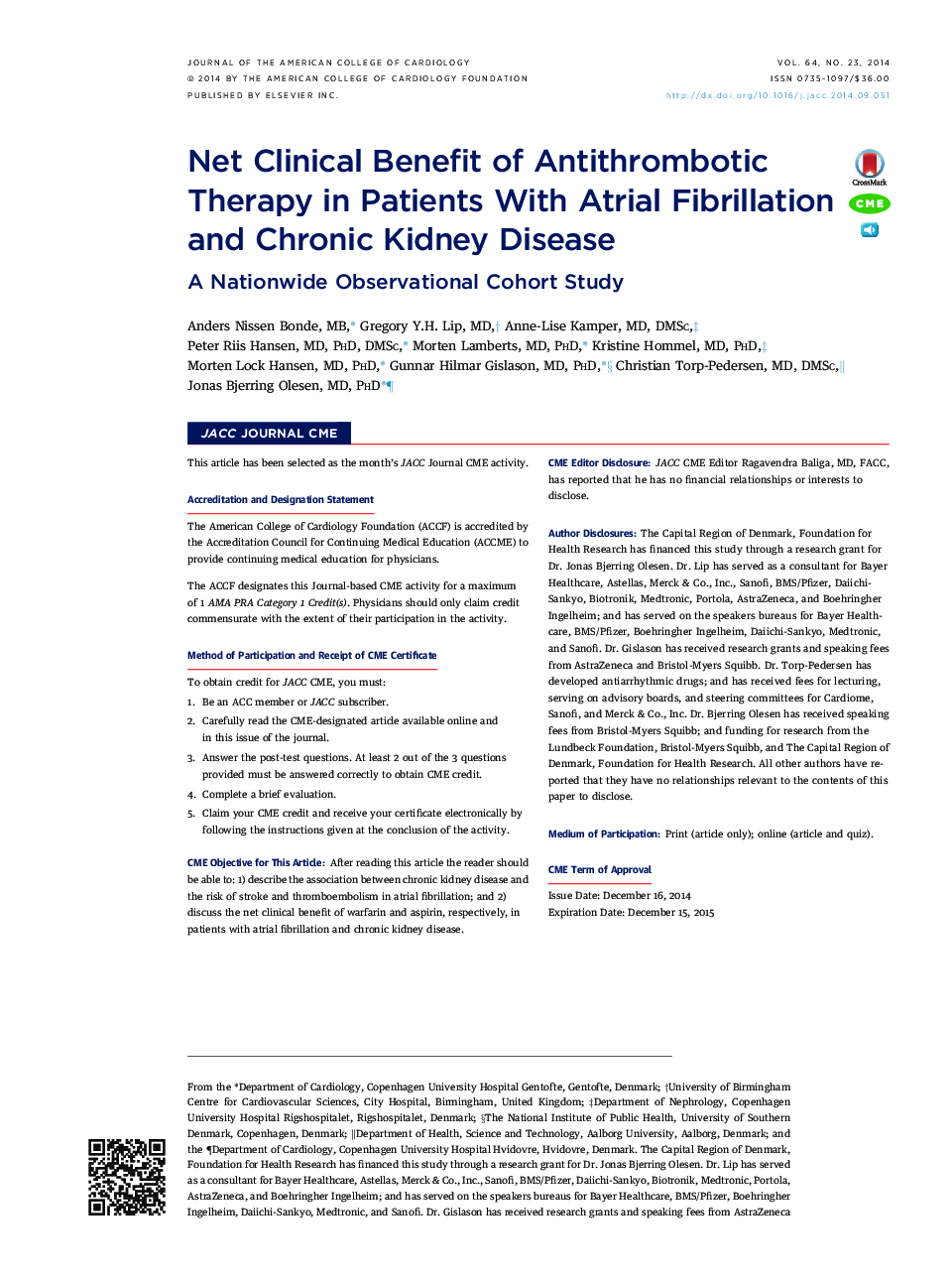 Net Clinical Benefit of Antithrombotic Therapy in Patients With Atrial Fibrillation and Chronic Kidney Disease : A Nationwide Observational Cohort Study