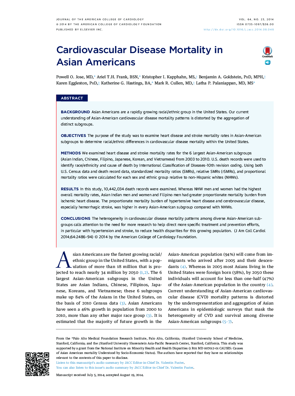 Cardiovascular Disease Mortality in Asian Americans 