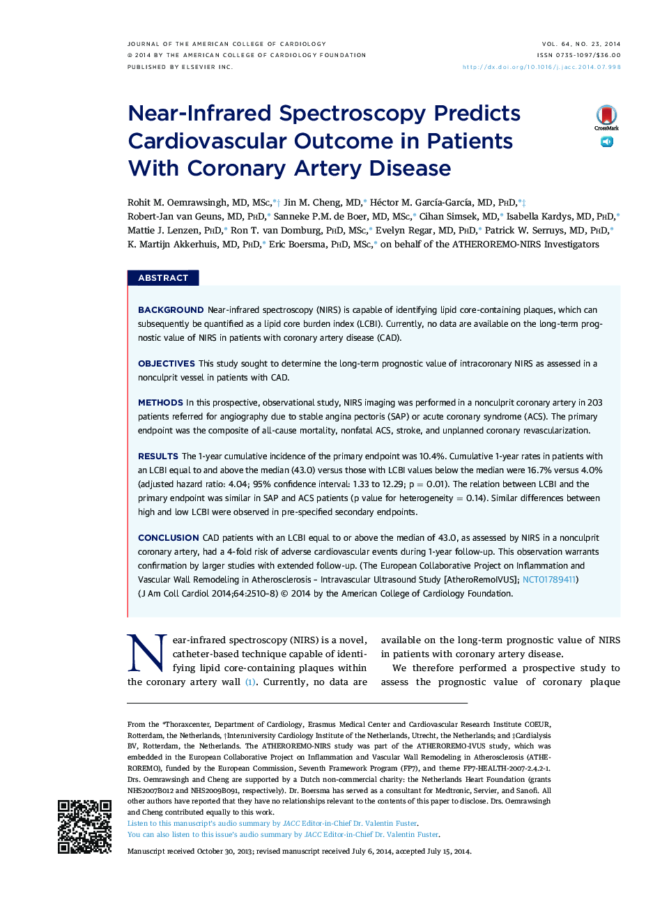 Near-Infrared Spectroscopy Predicts Cardiovascular Outcome in Patients With Coronary Artery Disease 