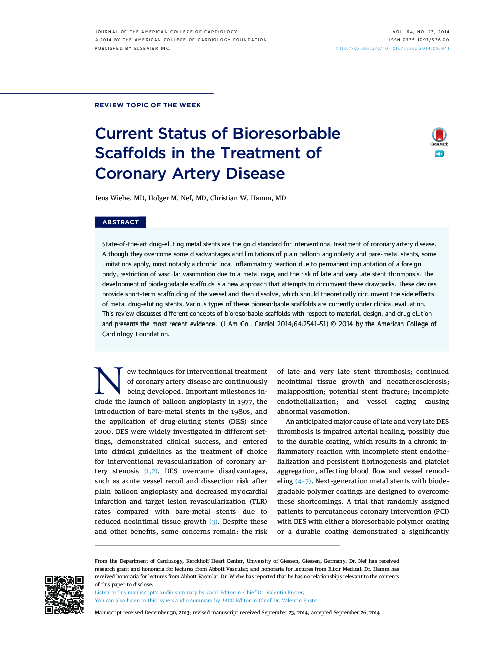 Current Status of Bioresorbable Scaffolds in the Treatment of Coronary Artery Disease 