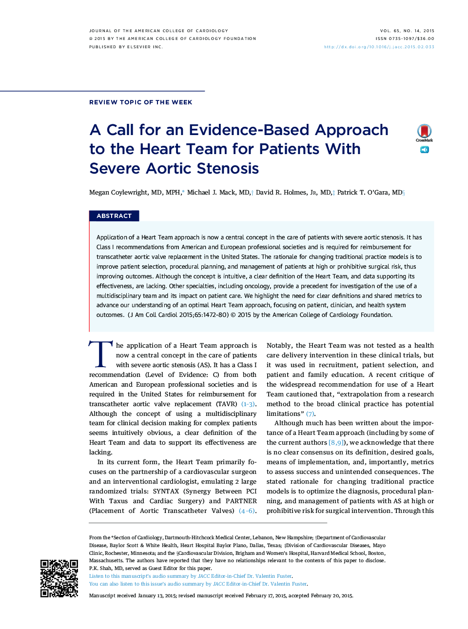 A Call for an Evidence-Based Approach to the Heart Team for Patients With Severe Aortic Stenosis 