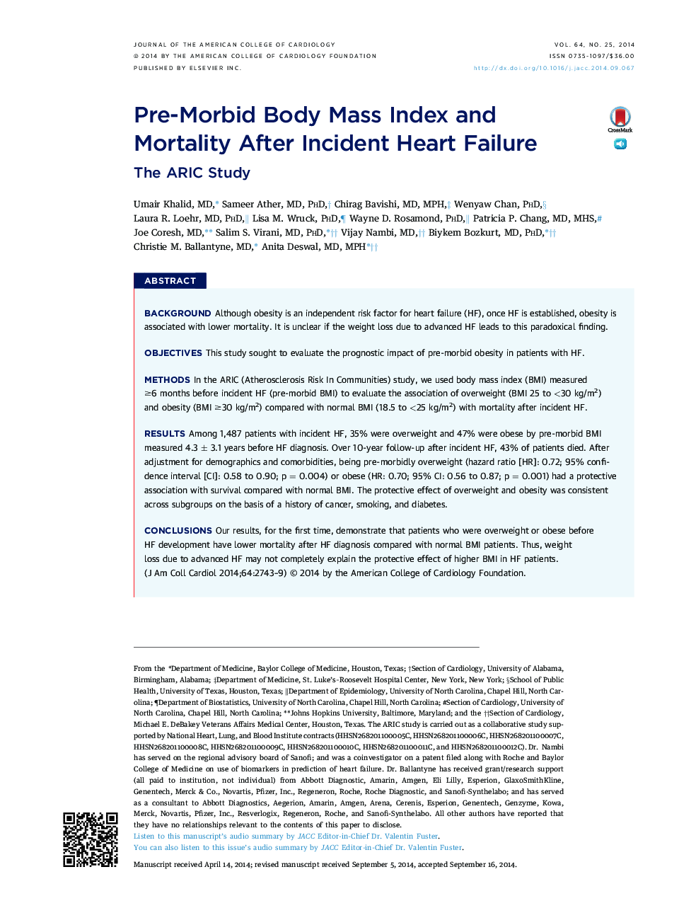 Pre-Morbid Body Mass Index and Mortality After Incident Heart Failure : The ARIC Study