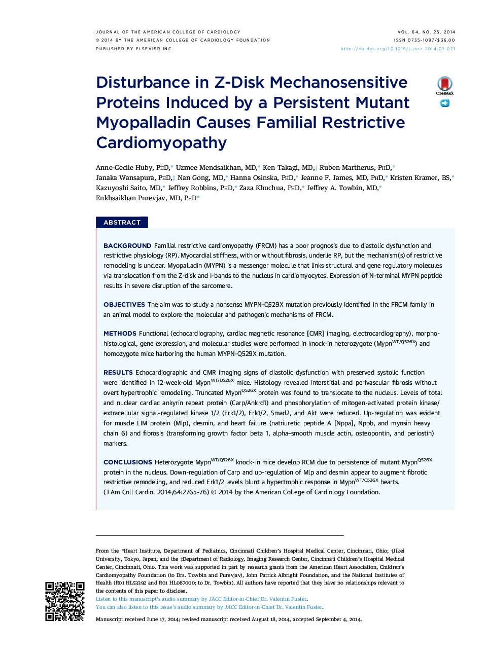 Disturbance in Z-Disk Mechanosensitive Proteins Induced by a Persistent Mutant Myopalladin Causes Familial Restrictive Cardiomyopathy 