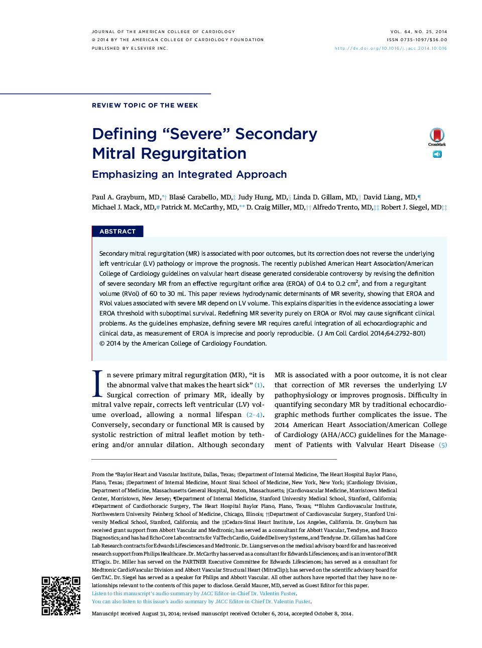 Defining “Severe” Secondary Mitral Regurgitation : Emphasizing an Integrated Approach