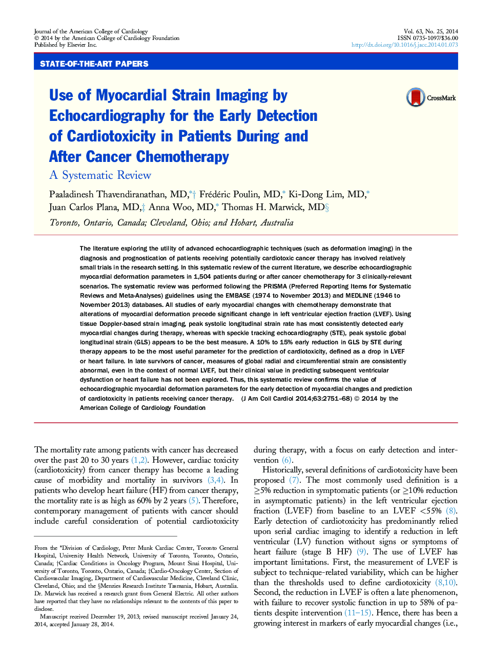 Use of Myocardial Strain Imaging by Echocardiography for the Early Detection of Cardiotoxicity in Patients During and After Cancer Chemotherapy : A Systematic Review