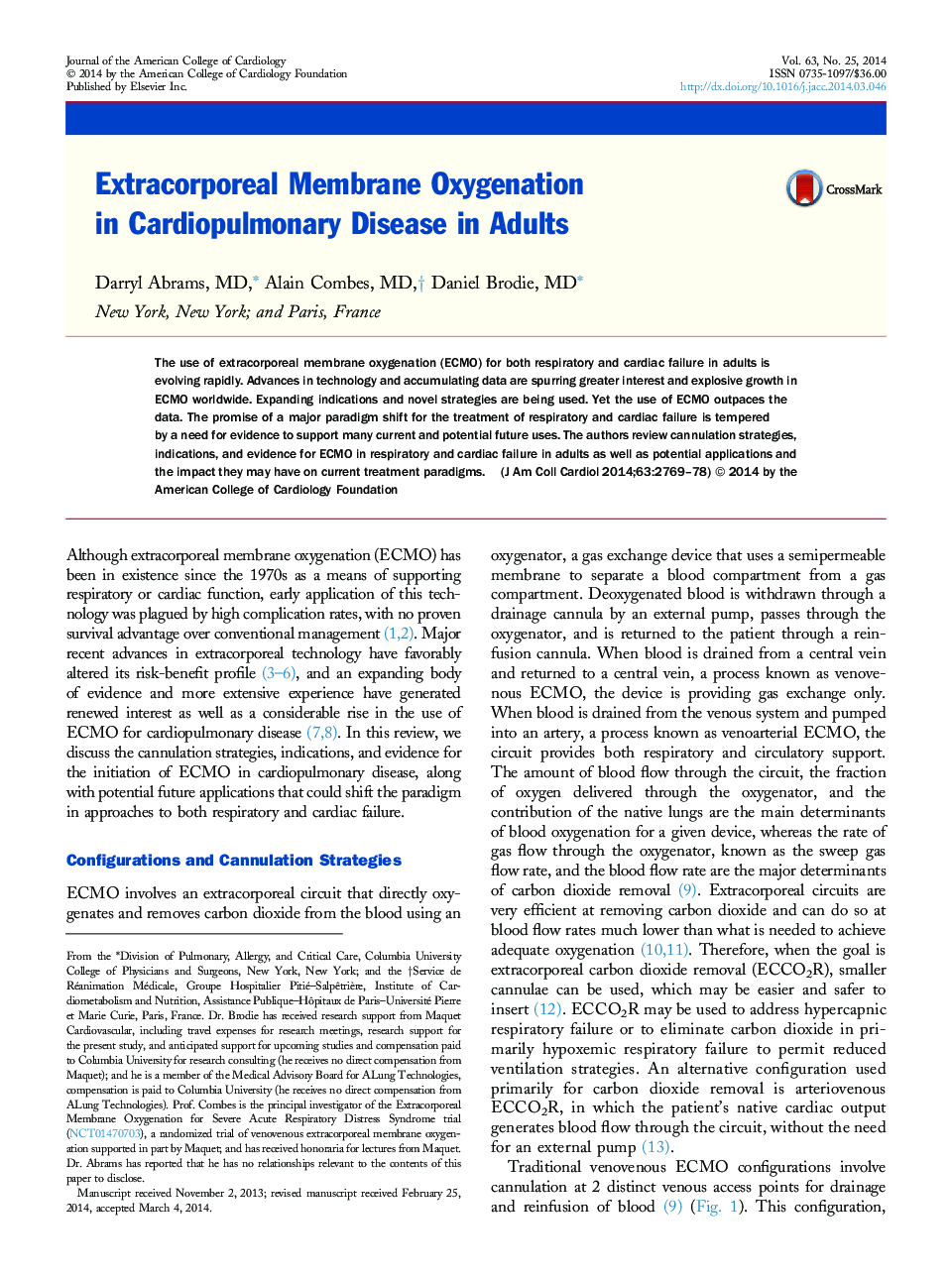 Extracorporeal Membrane Oxygenation in Cardiopulmonary Disease in Adults 