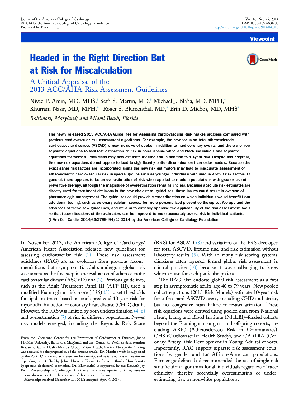 Headed in the Right Direction But at Risk for Miscalculation : A Critical Appraisal of the 2013 ACC/AHA Risk Assessment Guidelines