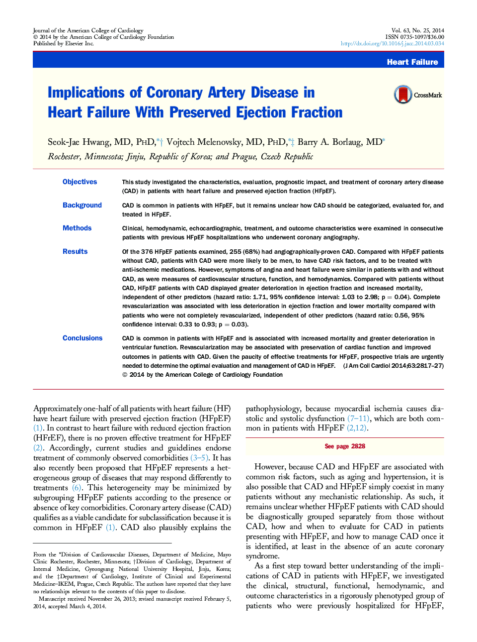 Implications of Coronary Artery Disease in Heart Failure With Preserved Ejection Fraction 