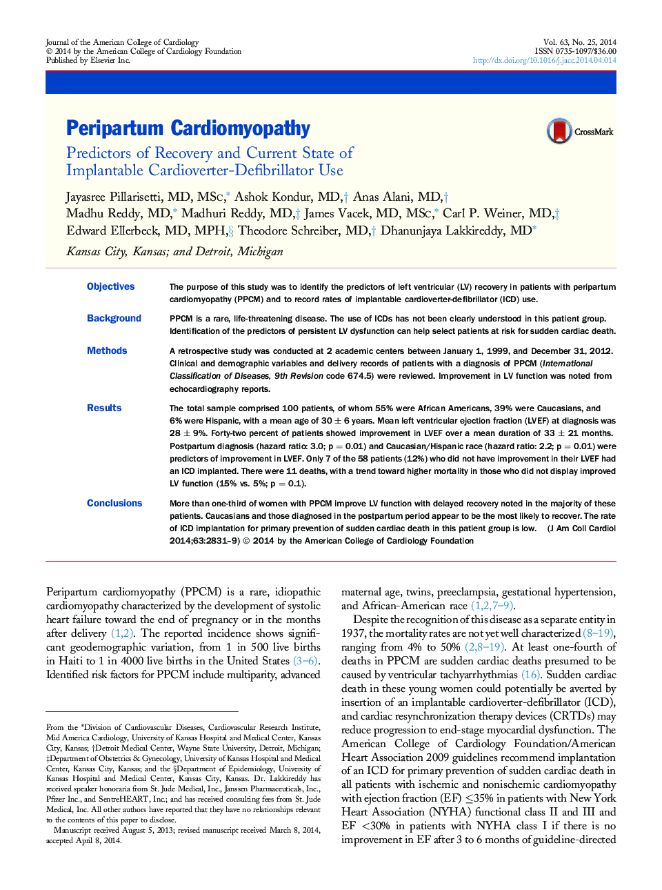 Peripartum Cardiomyopathy : Predictors of Recovery and Current State of Implantable Cardioverter-Defibrillator Use