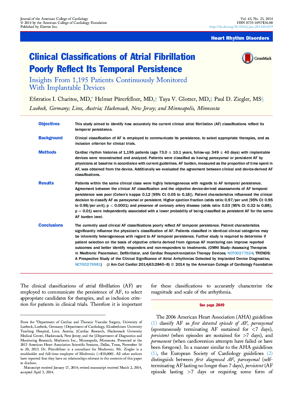 Clinical Classifications of Atrial Fibrillation Poorly Reflect Its Temporal Persistence : Insights From 1,195 Patients Continuously Monitored With Implantable Devices