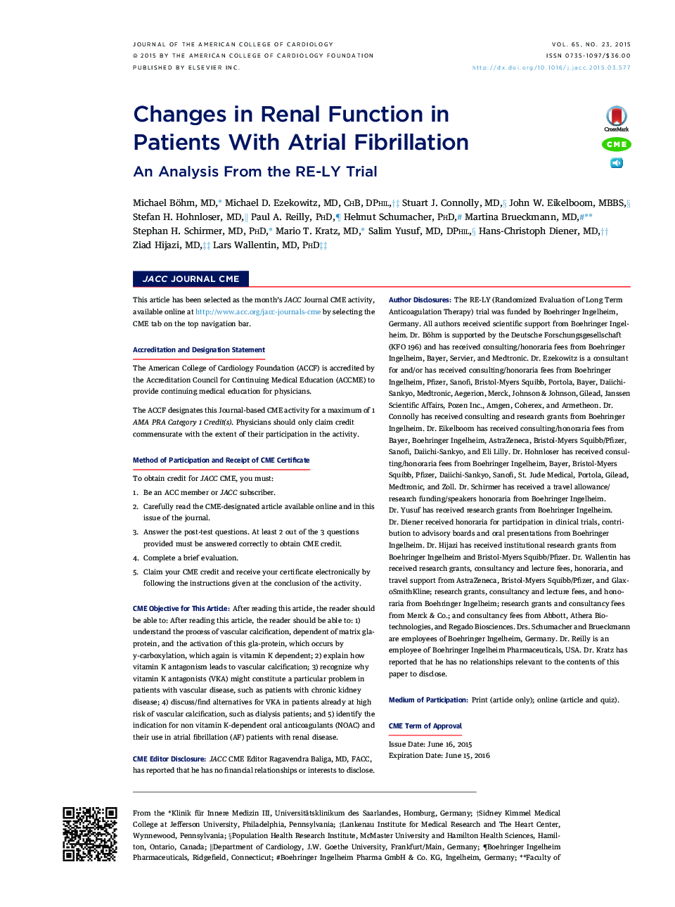 Changes in Renal Function in Patients With Atrial Fibrillation : An Analysis From the RE-LY Trial