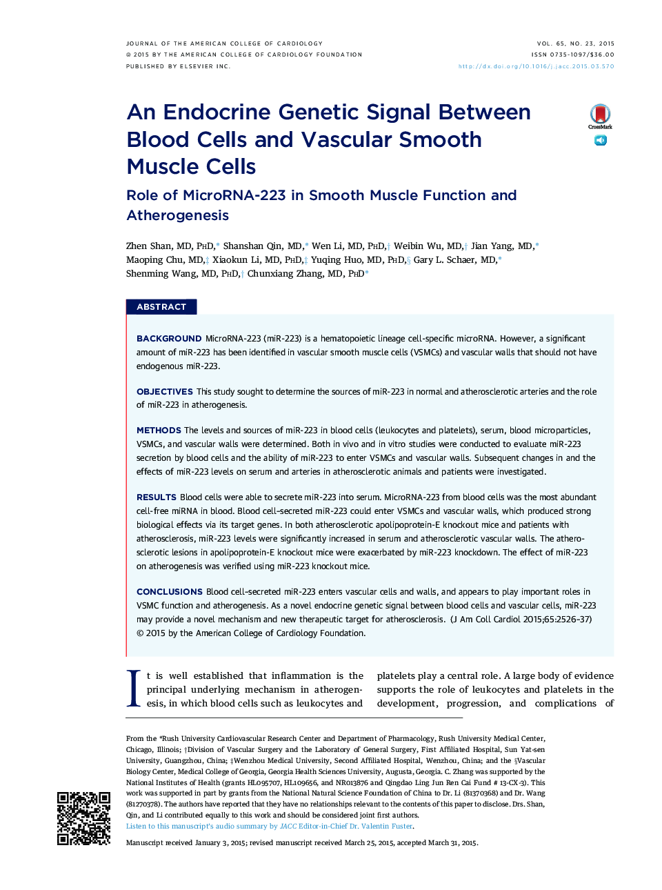 An Endocrine Genetic Signal Between Blood Cells and Vascular Smooth Muscle Cells : Role of MicroRNA-223 in Smooth Muscle Function and Atherogenesis