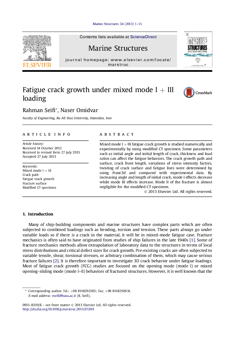 Fatigue crack growth under mixed mode I + III loading